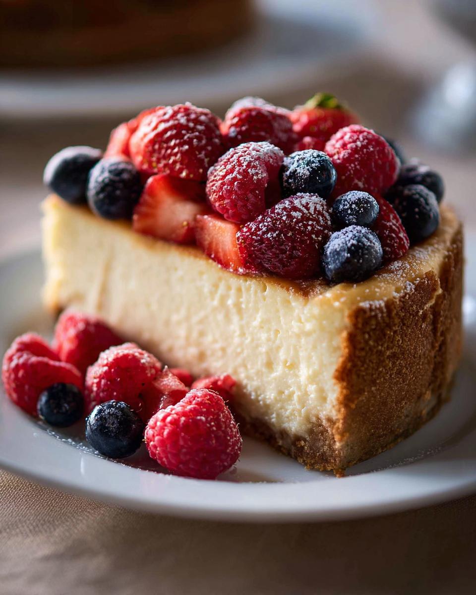 A slice of Mary Berry inspired classic baked cheesecake topped with fresh strawberries, raspberries, and blueberries, dusted with icing sugar.