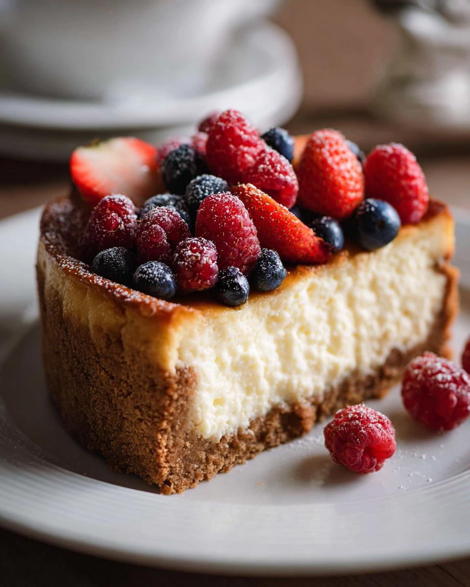 A slice of Mary Berry inspired classic baked cheesecake topped with fresh raspberries, blueberries, and strawberries, dusted with icing sugar.