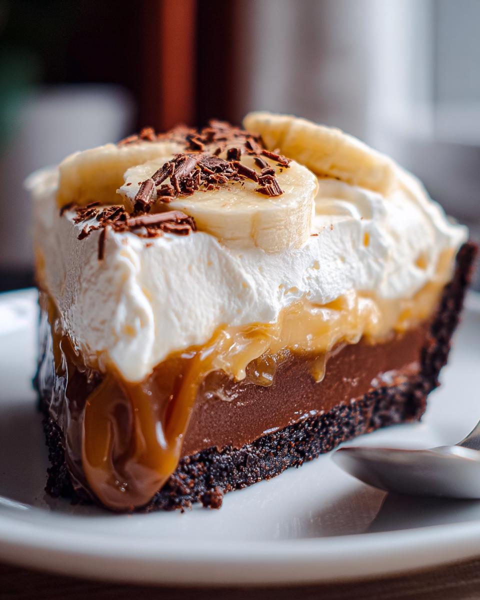 A decadent slice of Mary Berry Inspired Chocolate Banoffee Pie, topped with whipped cream, banana slices, and chocolate shavings.