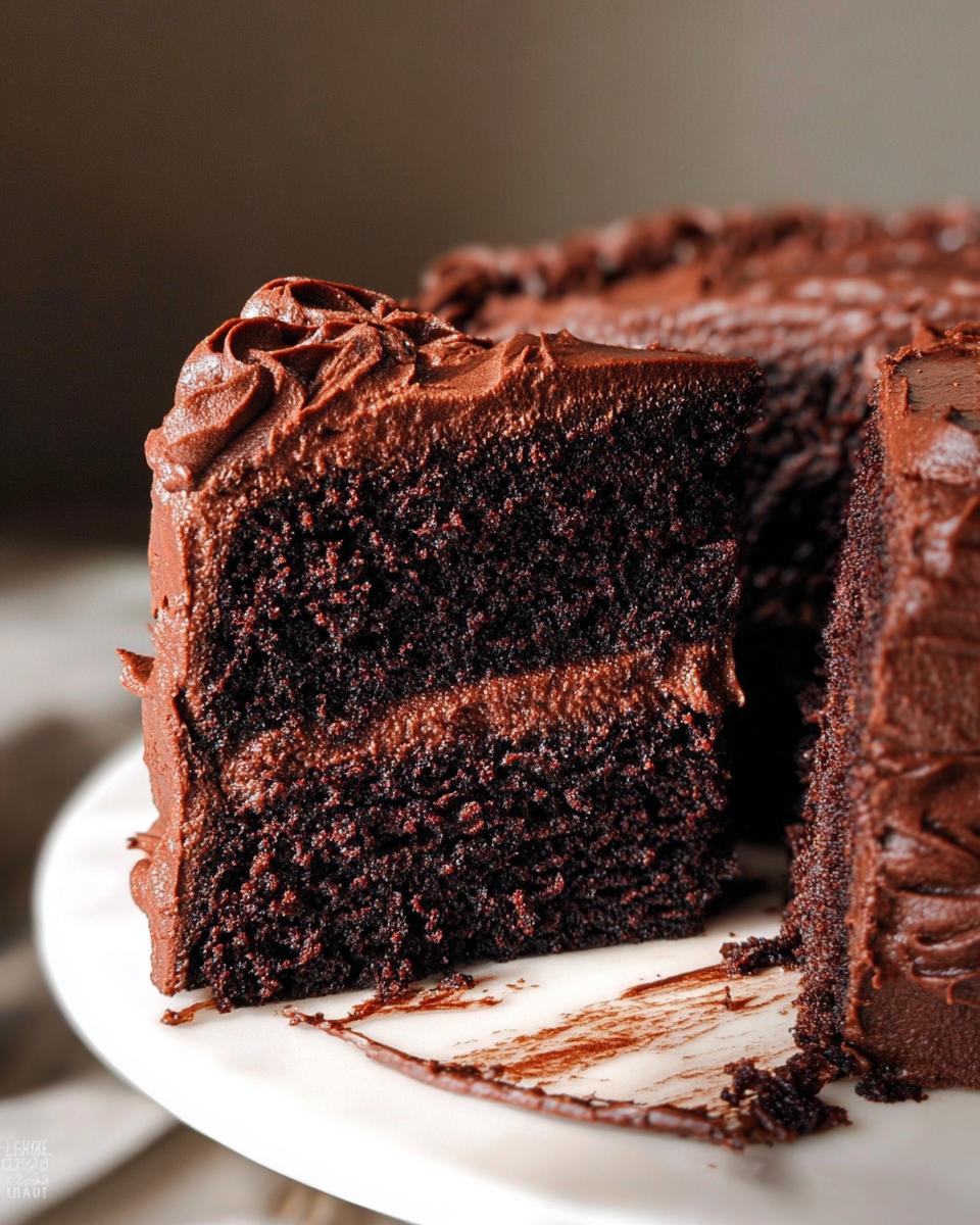 A moist slice of Mary Berry inspired best chocolate cake, with rich chocolate frosting and crumb detail.