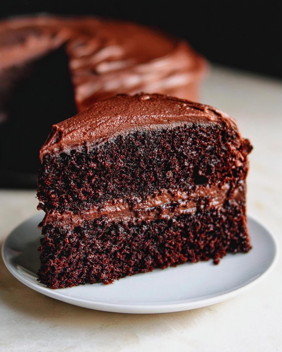 A moist slice of Mary Berry Inspired Best Chocolate Cake with rich chocolate frosting and filling.