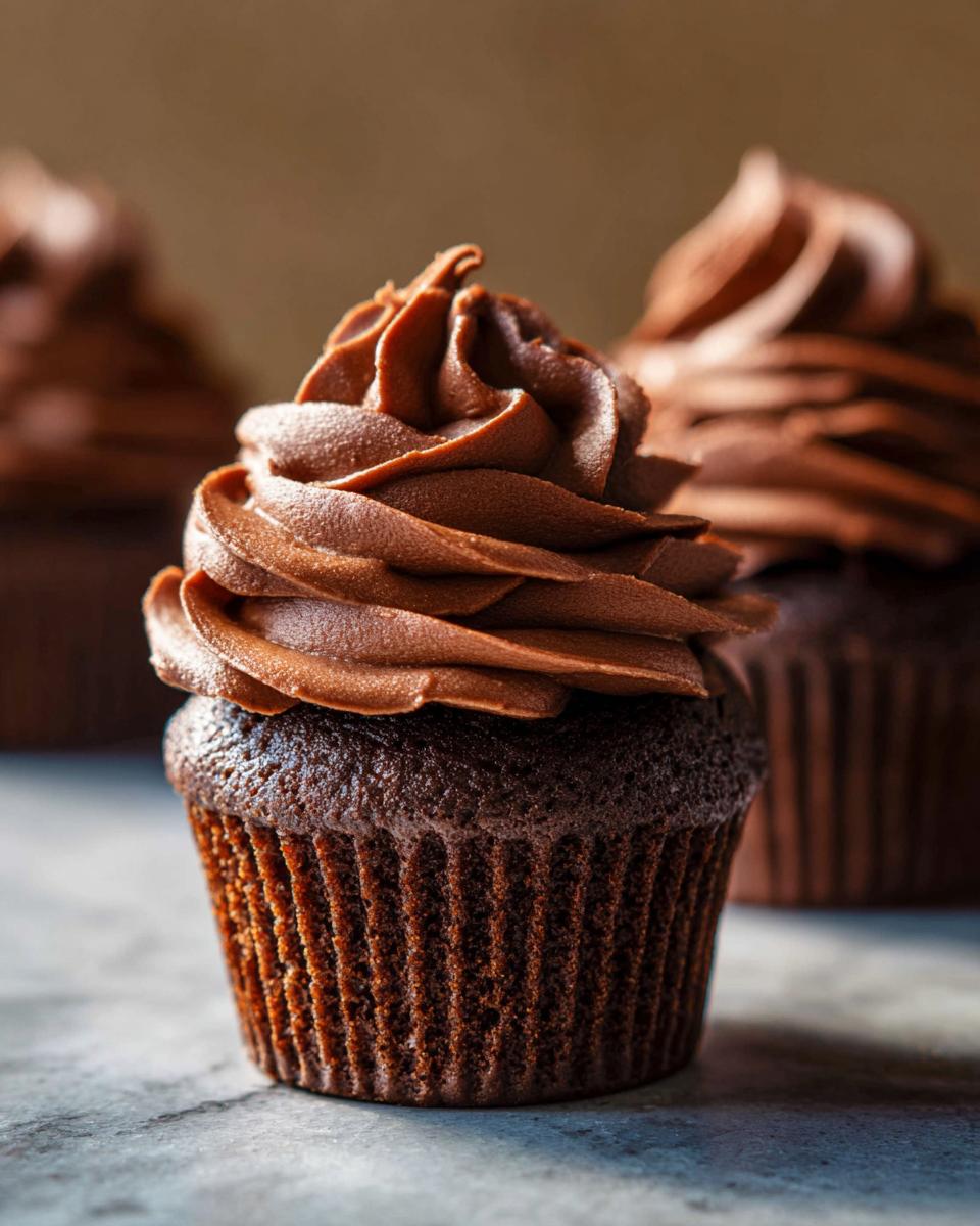 Close-up of a decadent chocolate cupcake with swirls of chocolate frosting, inspired by Mary Berry.