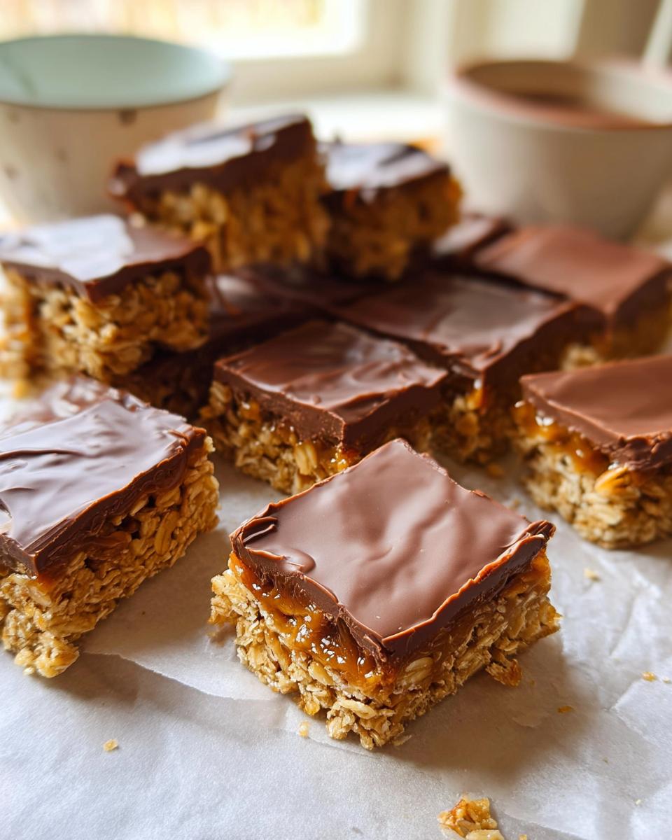 Close-up of delicious Mary Berry inspired chocolate flapjacks with a caramel layer and oats.