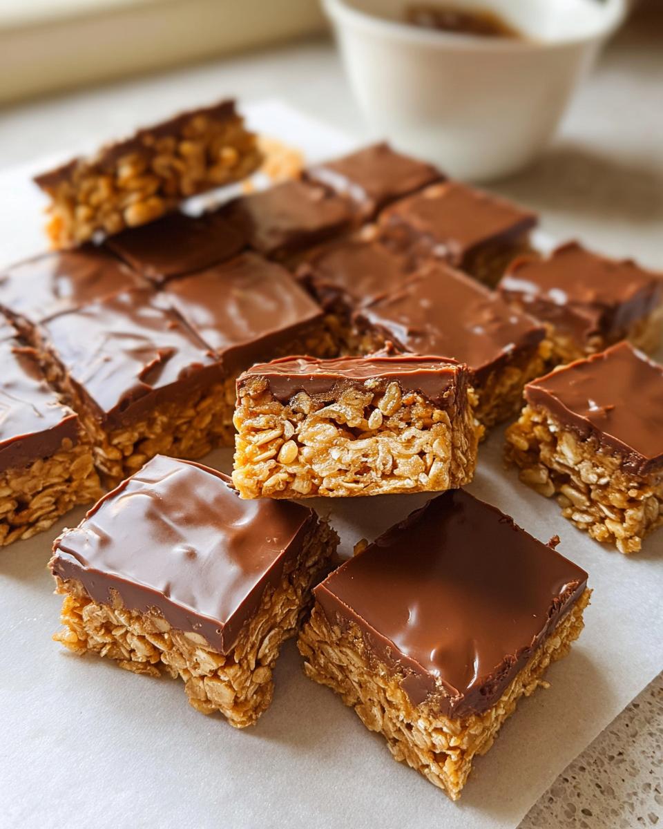 A pile of delicious Mary Berry Inspired Chocolate Flapjacks, cut into squares with a rich chocolate topping.