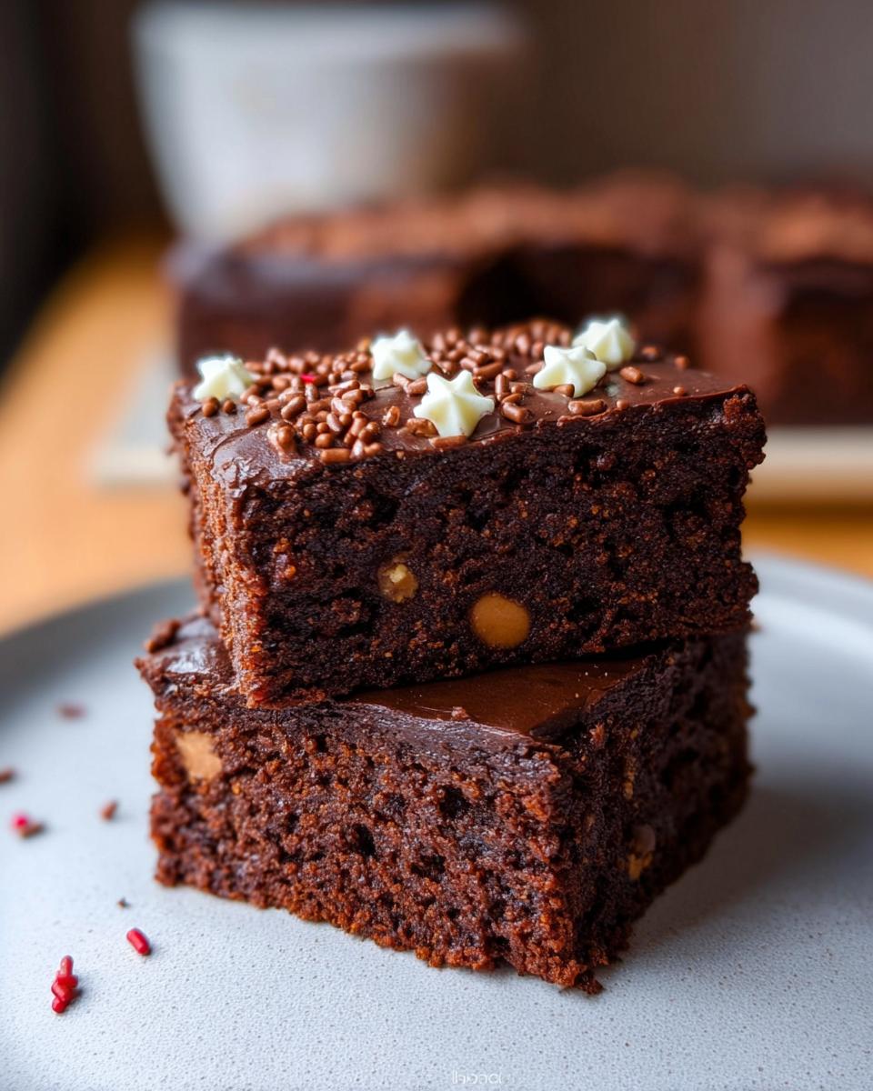 Two slices of rich Mary Berry inspired chocolate traybake cake stacked, topped with chocolate ganache and sprinkles.