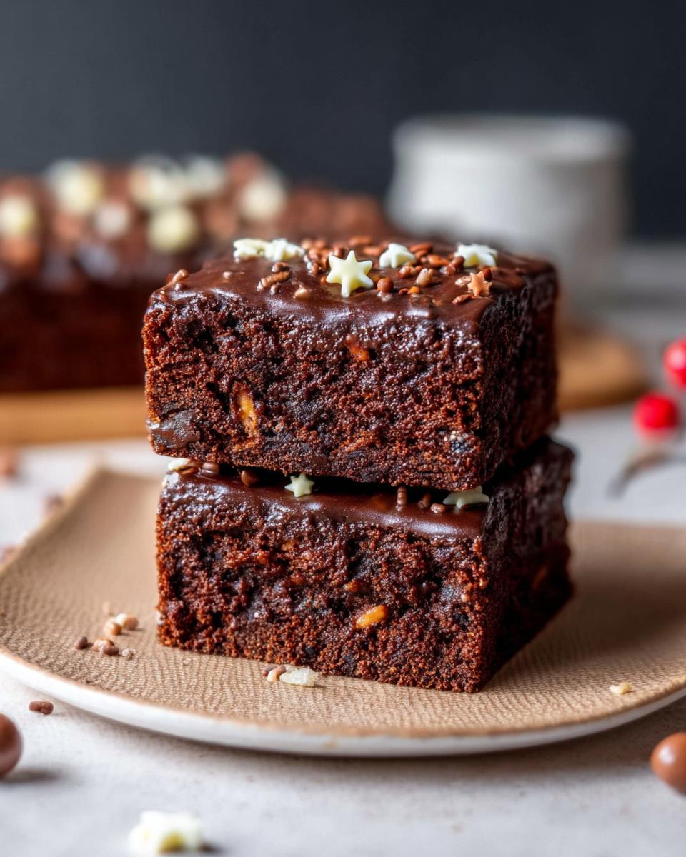 Two slices of Mary Berry Inspired Chocolate Traybake Cake stacked on a plate, topped with chocolate ganache and star sprinkles.