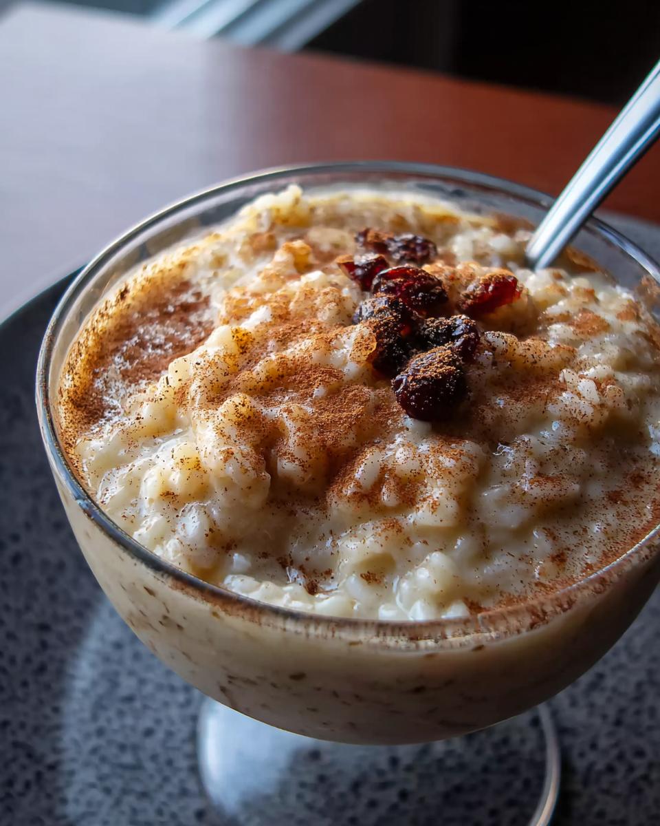A close-up of Mary Berry-Inspired Classic Rice Pudding in a glass bowl, topped with cinnamon and dried fruit.