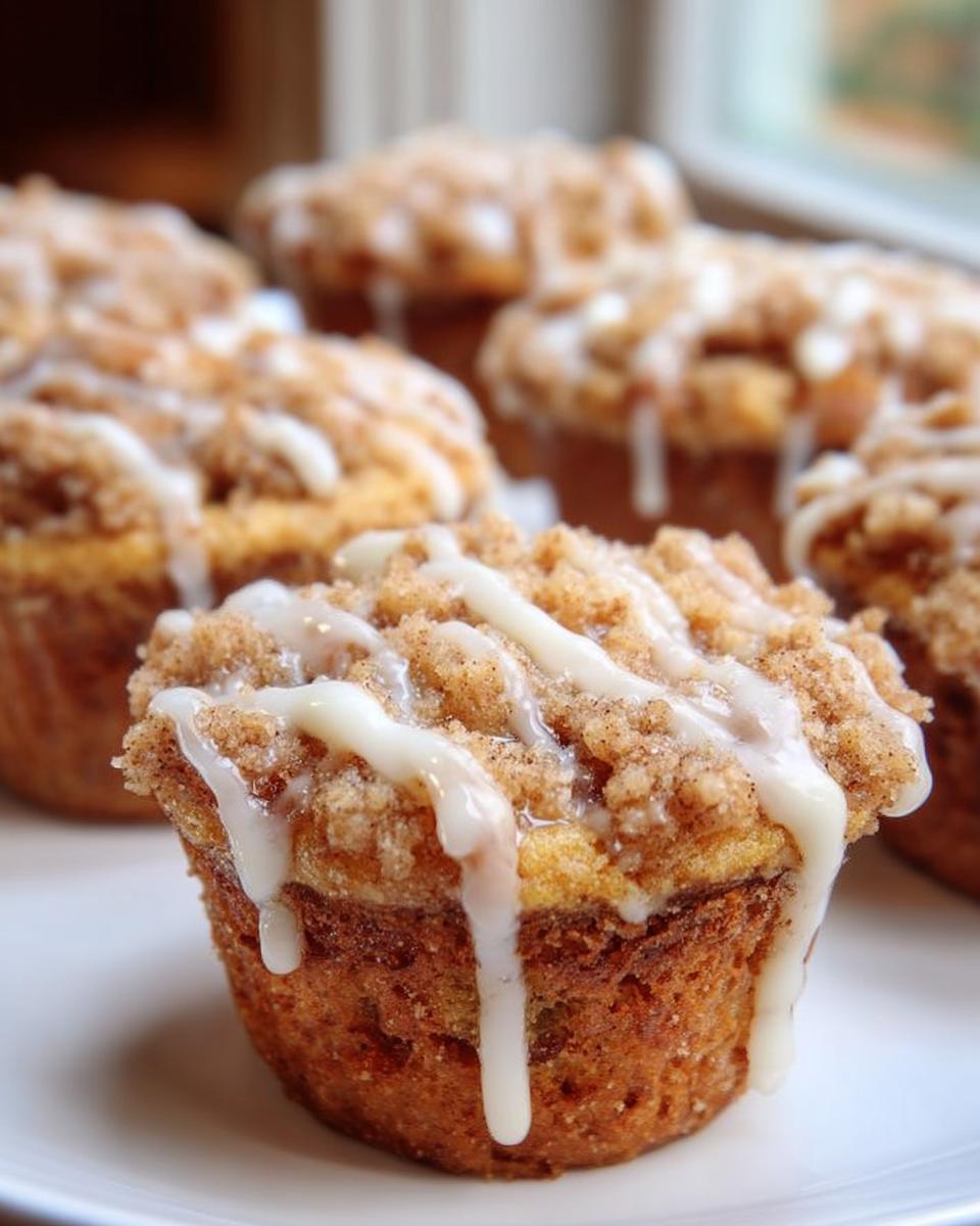 Close-up of a delicious Mary Berry inspired Coffee Cake Cupcake, topped with crumb topping and drizzled with white icing.