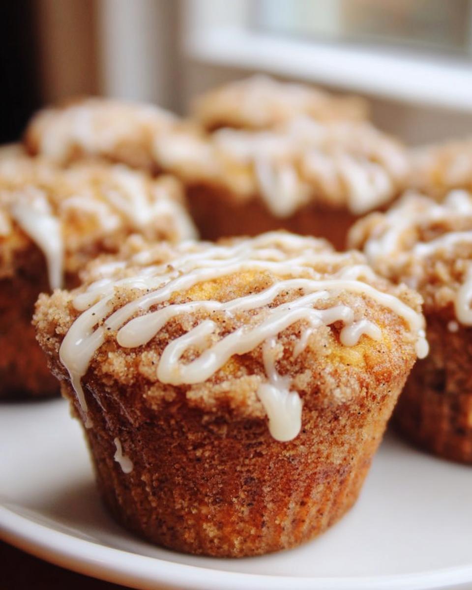 Close-up of a delicious Mary Berry Inspired Coffee Cake Cupcake, topped with streusel and drizzled icing.