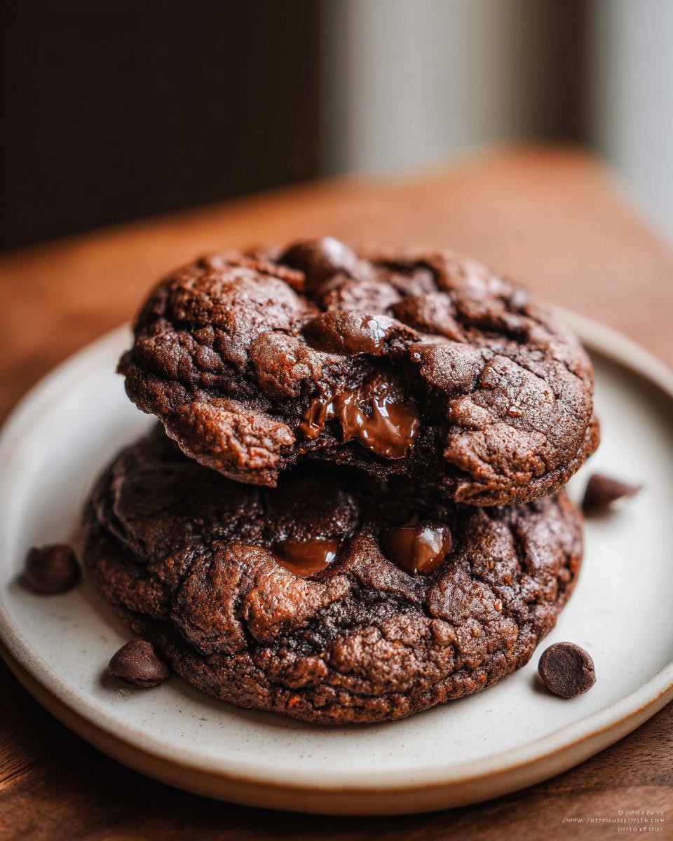 Close-up of two decadent Mary Berry Inspired Double Chocolate Chip Cookies stacked, with melted chocolate oozing from the top cookie.