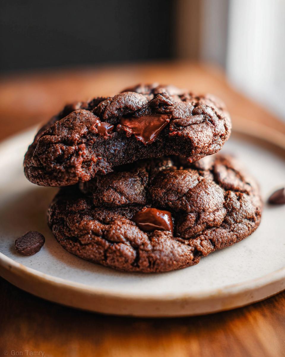 Two decadent Mary Berry inspired double chocolate chip cookies stacked on a plate, with melted chocolate chunks visible.