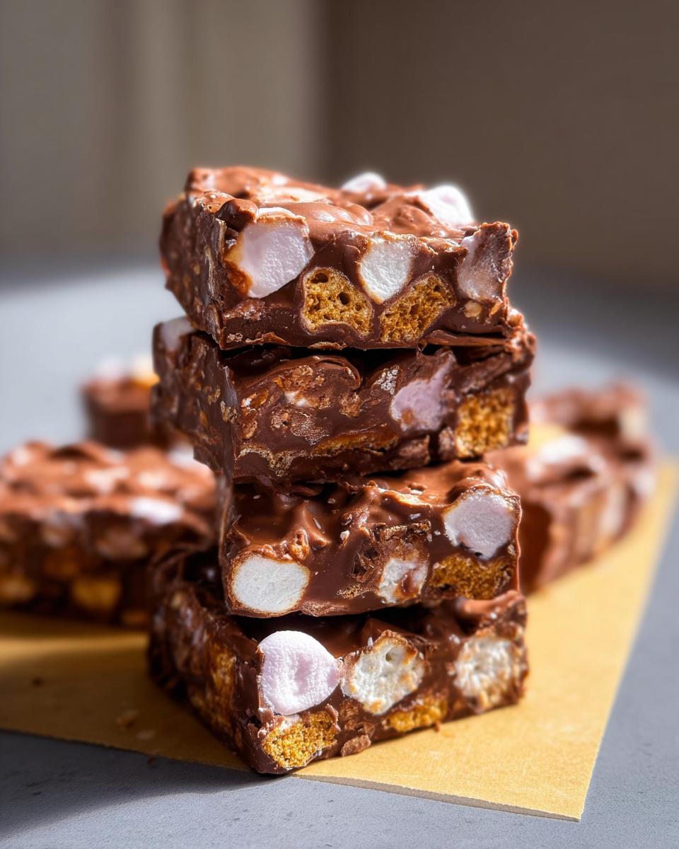 A close-up stack of Mary Berry Inspired Easy Rocky Road pieces, showing chocolate, marshmallows, and biscuits.