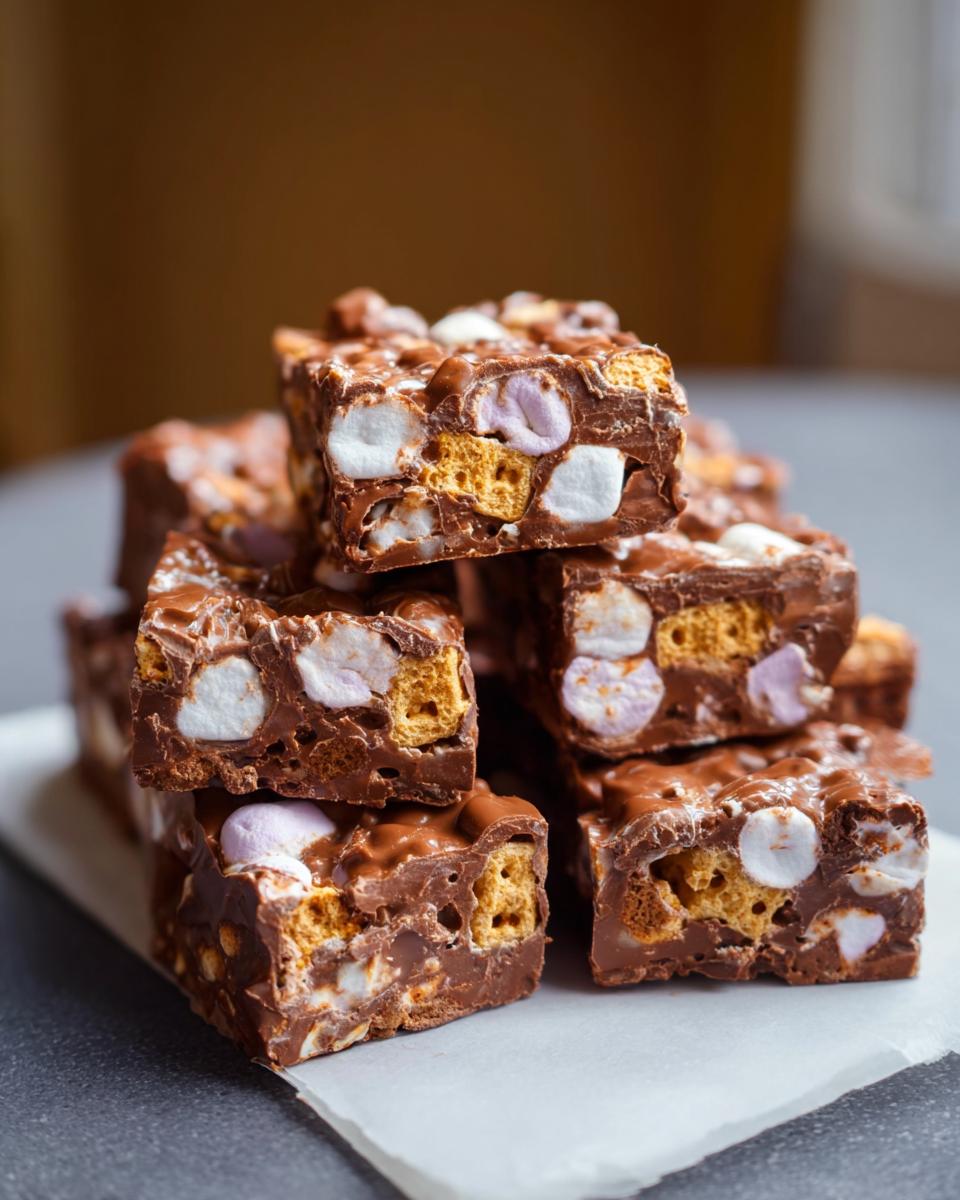 A stack of delicious Mary Berry Inspired Easy Rocky Road slices, packed with marshmallows and biscuits.