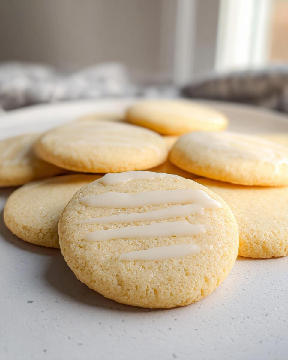 Close-up of a pile of Mary Berry inspired easy sugar cookies, one in the foreground drizzled with white icing.