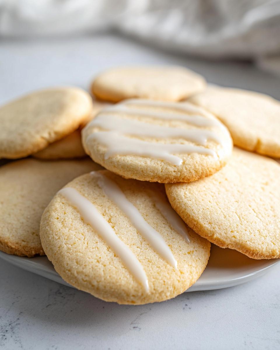 A pile of delicious Mary Berry inspired easy sugar cookies, some plain and some drizzled with white icing.