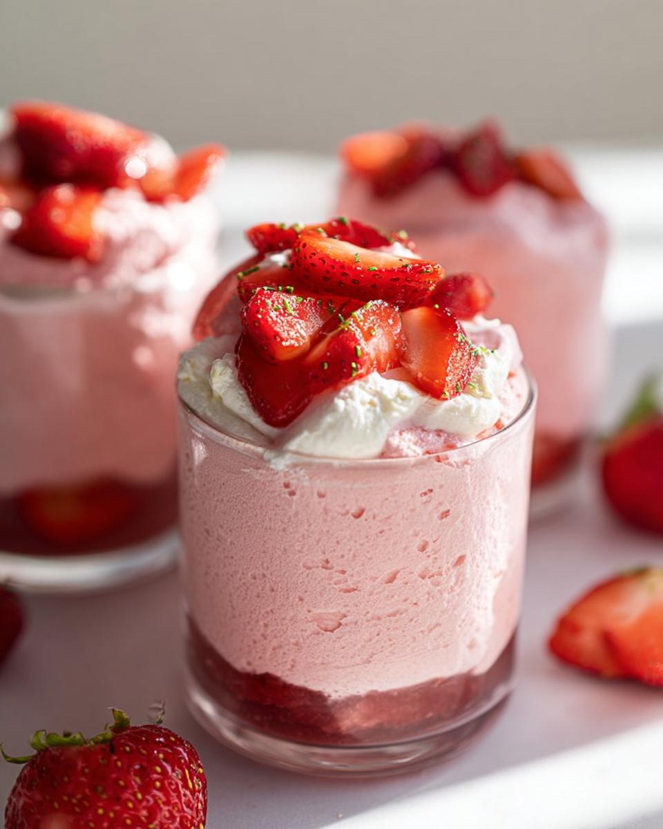 Close-up of a Mary Berry Inspired Fresh Strawberry Mousse in a glass, topped with cream and fresh strawberries.