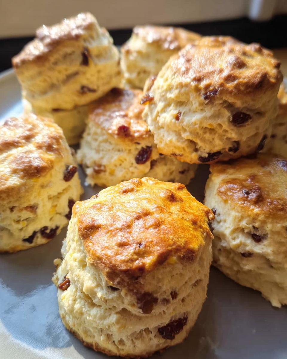 A close-up of freshly baked Mary Berry Inspired Fruit Scones piled on a grey plate, golden brown and studded with raisins.