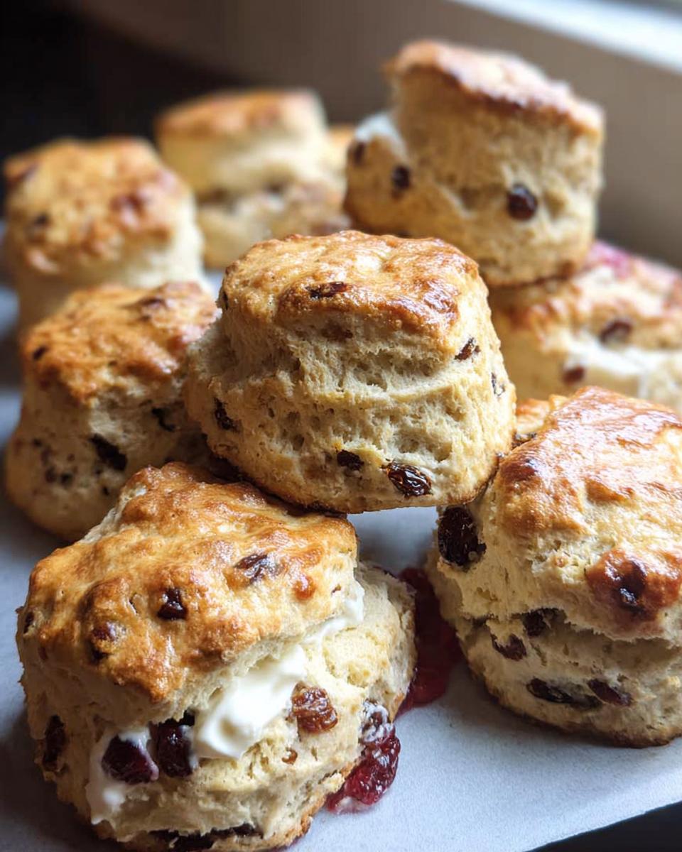 A close-up of a stack of golden-brown Mary Berry Inspired Fruit Scones, one split with cream and jam.