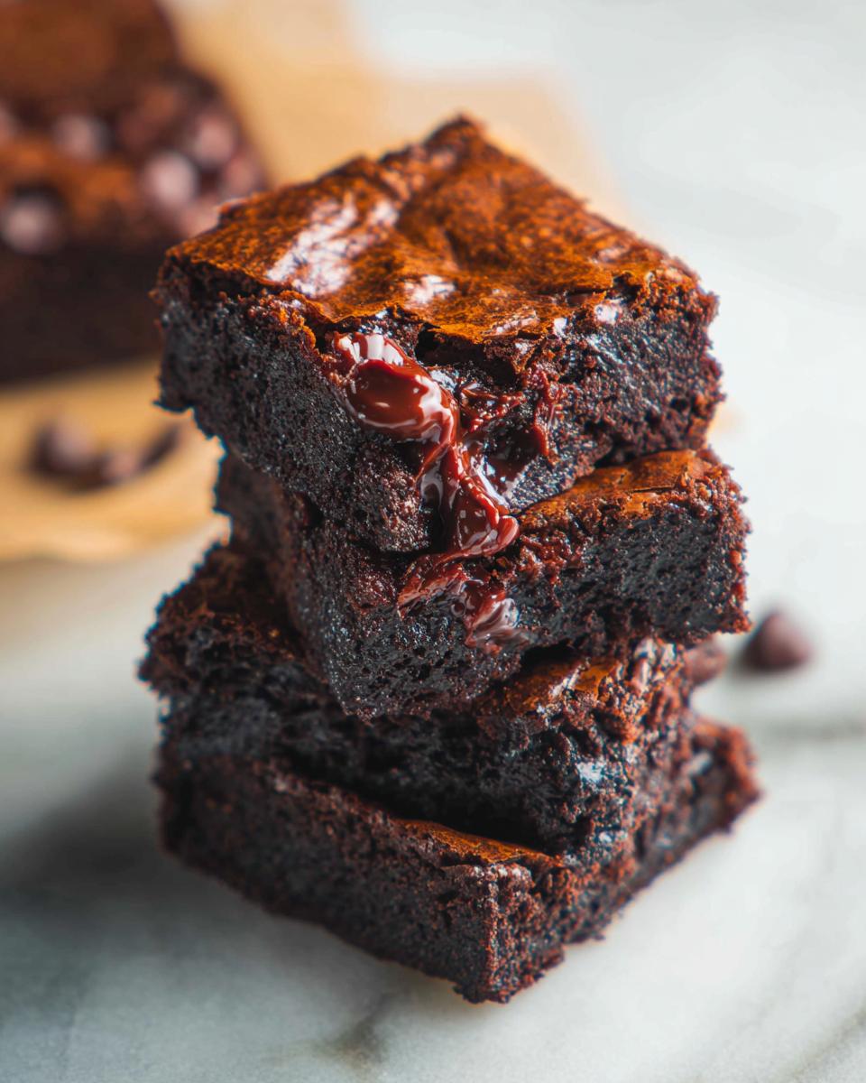 A stack of fudgy brownies, with melted chocolate oozing from the top brownie, inspired by Mary Berry.