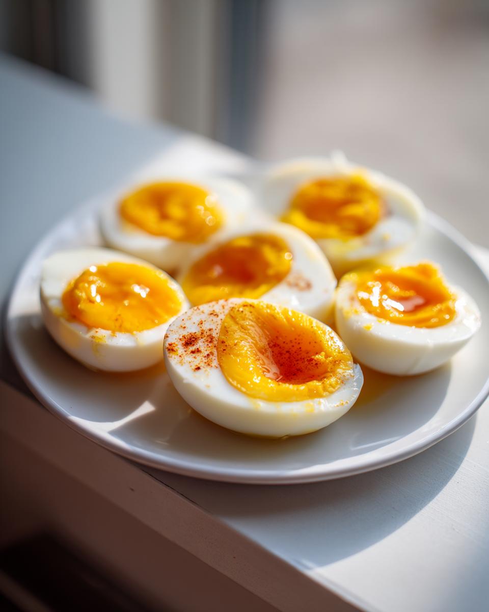 A plate of perfectly hard boiled eggs, halved to reveal a vibrant yellow yolk, seasoned with paprika.