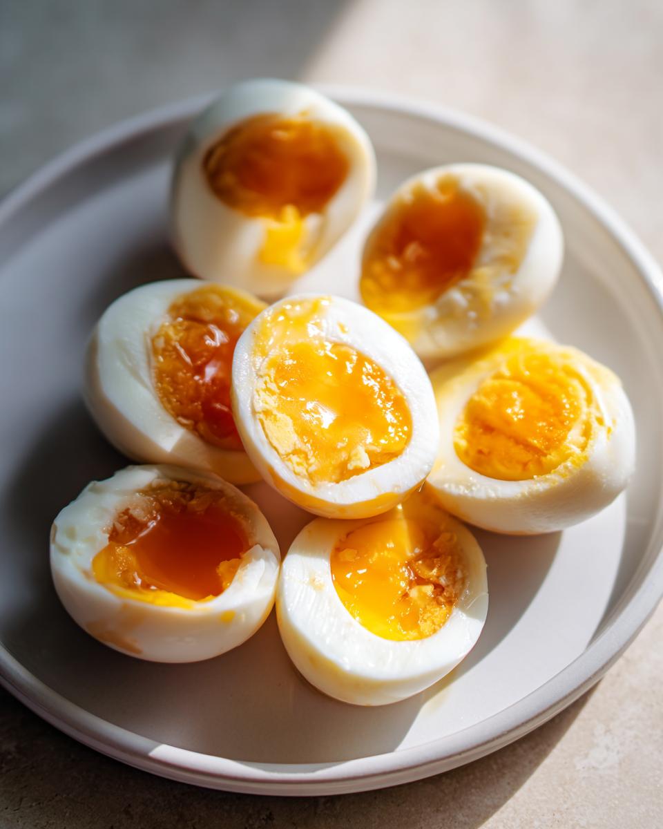 A plate of perfectly hard boiled eggs, halved to reveal a vibrant orange yolk, inspired by Mary Berry's method.
