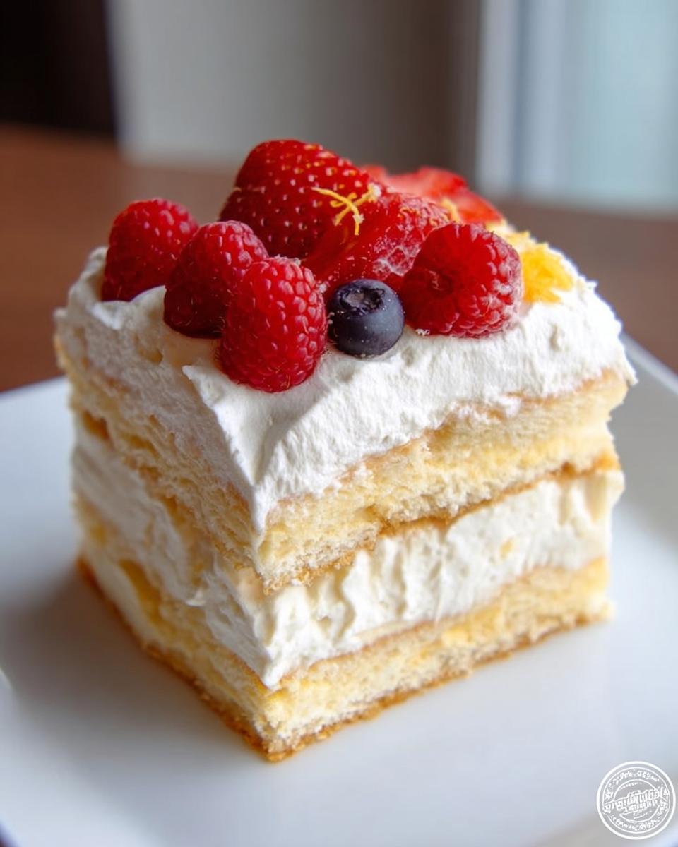 A slice of Mary Berry Inspired Easy Vanilla Icebox Cake, layered with sponge and cream, topped with fresh berries and lemon zest.