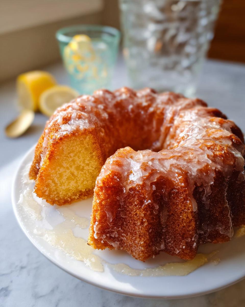 A slice cut from a Mary Berry Inspired Lemon Drizzle Bundt Cake, glistening with icing.
