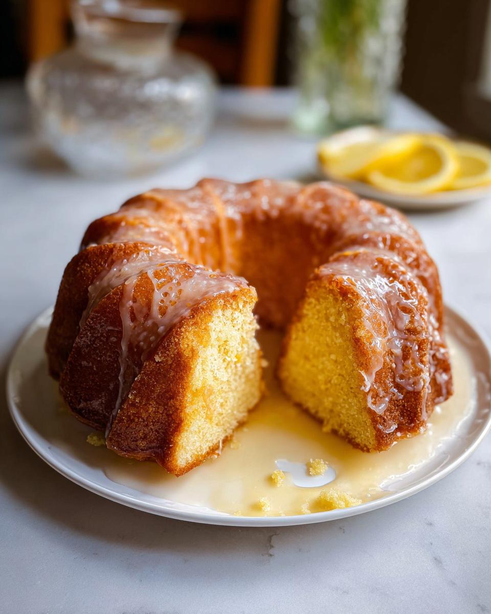 A slice of Mary Berry inspired Lemon Drizzle Bundt Cake, glistening with glaze and served on a white plate.
