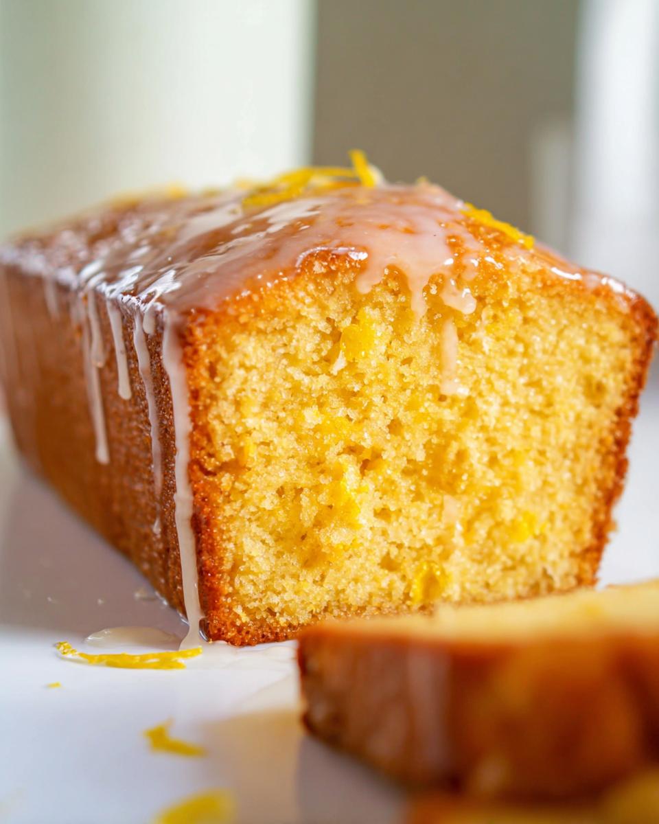 A close-up of a slice of Mary Berry inspired Lemon Drizzle Cake, topped with icing and lemon zest.