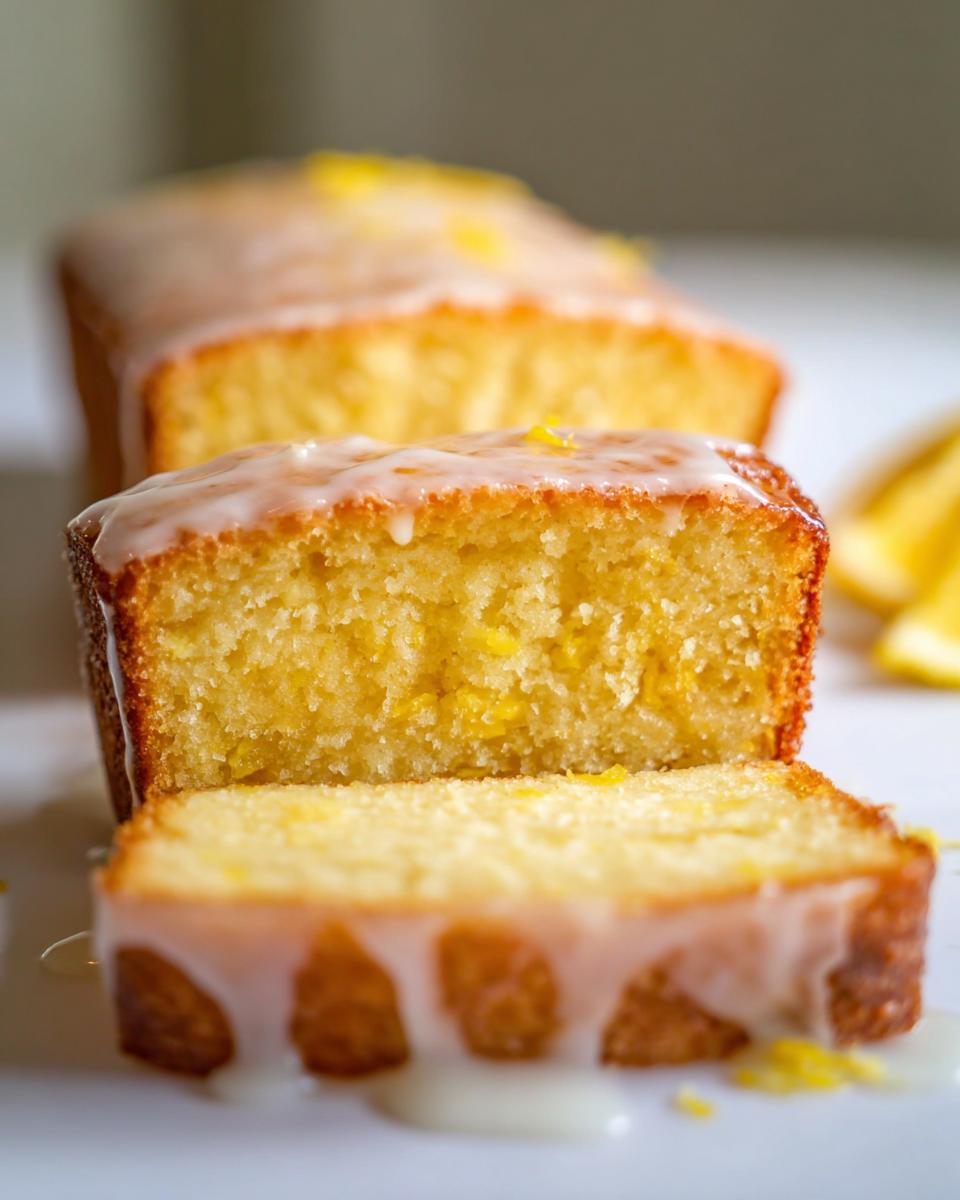 Close-up of sliced Mary Berry Inspired Lemon Drizzle Cake with icing and lemon zest.