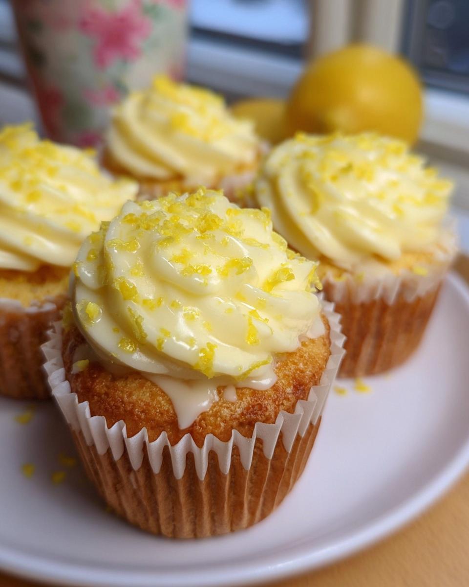 Close-up of Mary Berry-Inspired Lemon Drizzle Cupcakes, topped with swirls of lemon buttercream and zest.