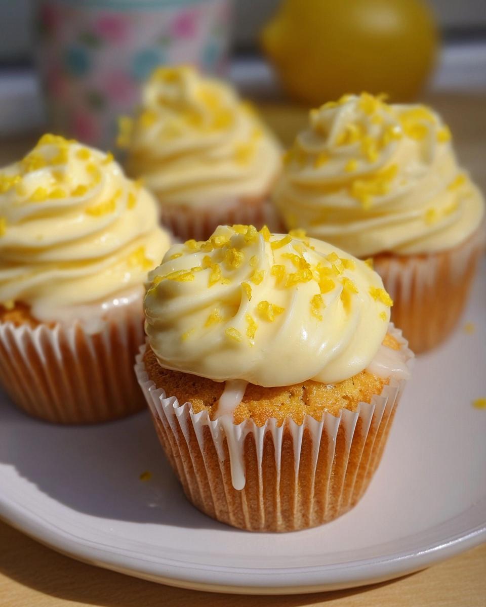 Close-up of Mary Berry-Inspired Lemon Drizzle Cupcakes topped with pale yellow frosting and lemon zest.