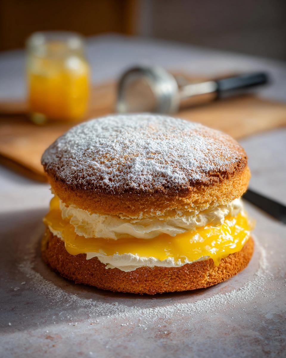 A close-up of a Mary Berry Inspired Lemon Victoria Sponge cake, filled with cream and lemon curd, dusted with icing sugar.