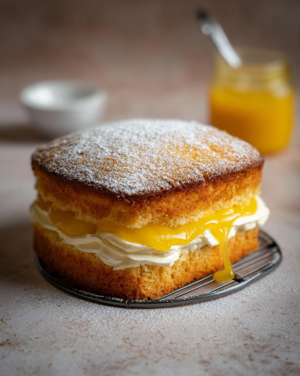 A close-up of a Mary Berry inspired Lemon Victoria Sponge cake, filled with cream and lemon curd, dusted with icing sugar.