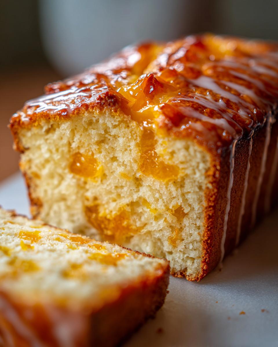 Close-up of a slice of Mary Berry's Marmalade Loaf Cake, showing the moist crumb and marmalade pieces.
