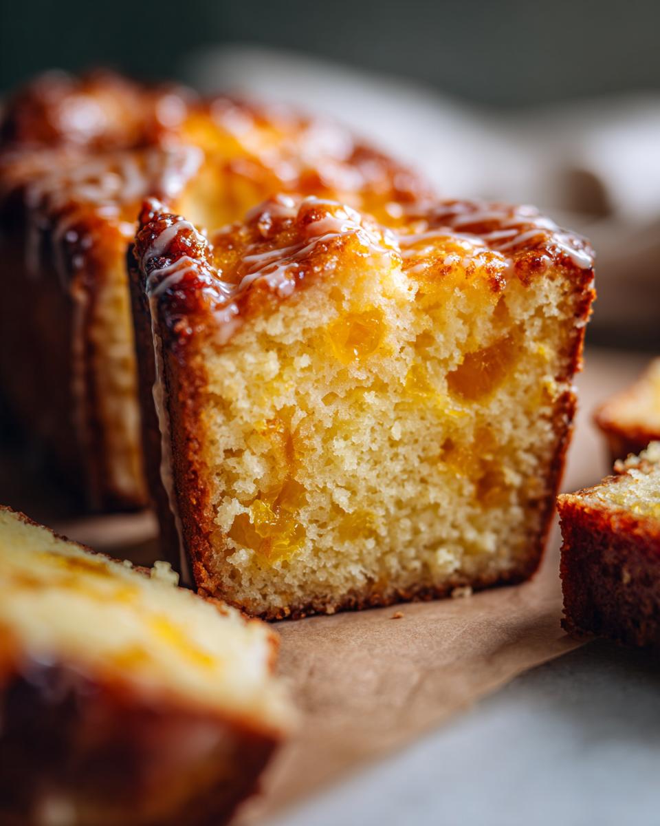 Close-up of a slice of Mary Berry's Marmalade Loaf Cake, showing the moist crumb and marmalade pieces.