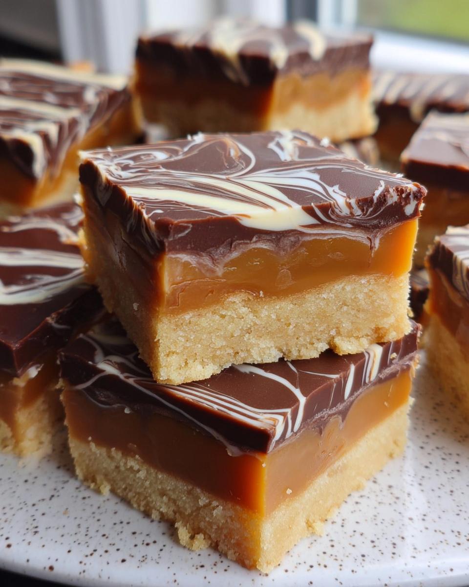 Close-up of layered Mary Berry Inspired Millionaires Shortbread with chocolate, caramel, and shortbread base, swirled with white chocolate.
