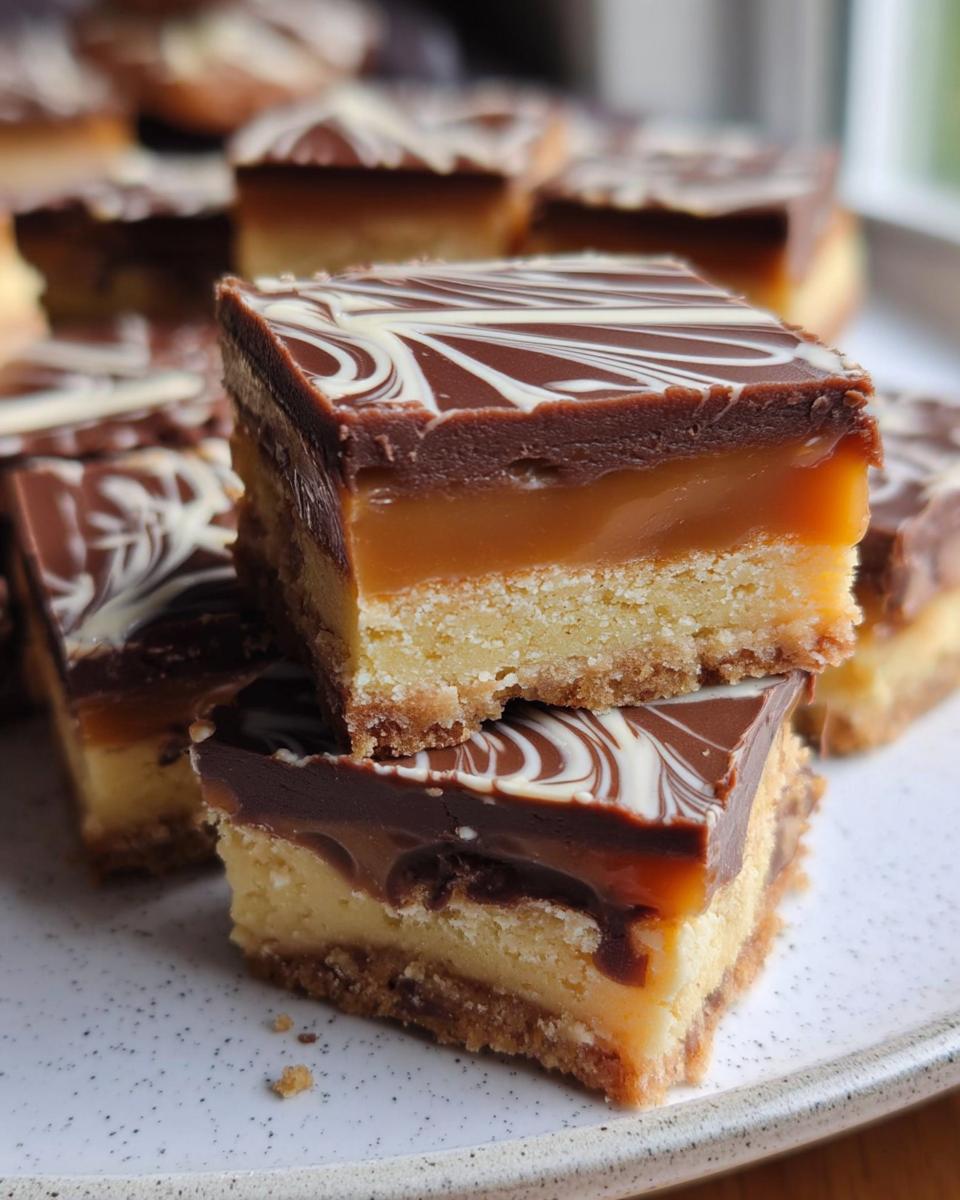 Close-up of a stack of Mary Berry Inspired Millionaires Shortbread, showing layers of shortbread, caramel, and chocolate with white chocolate swirls.