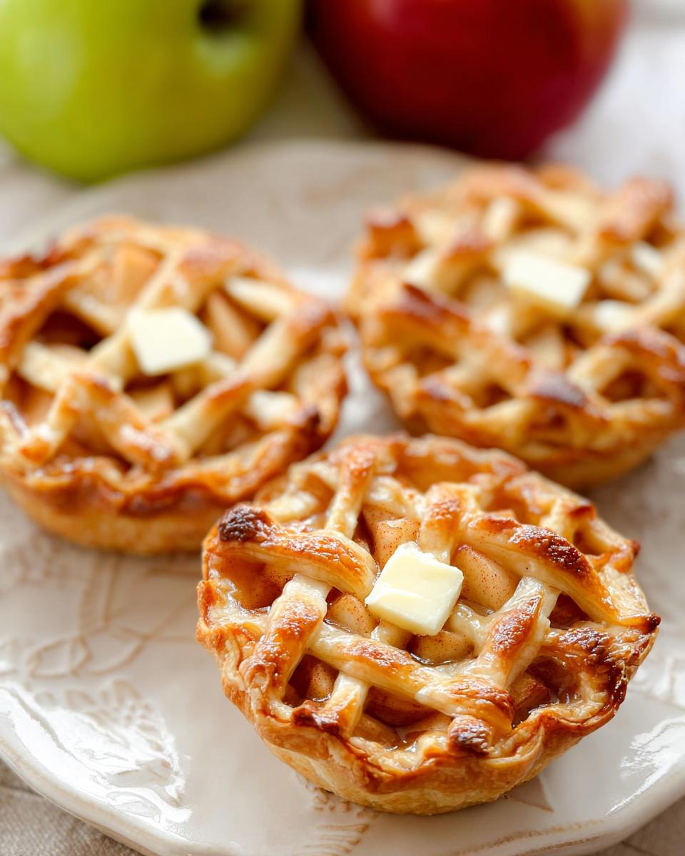 Close-up of three Mary Berry inspired mini apple pies topped with butter on a decorative plate.