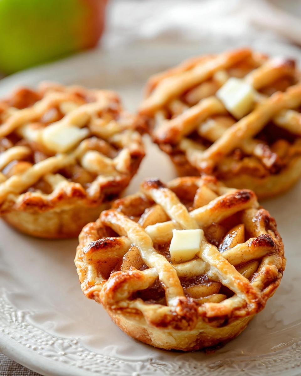 Close-up of three Mary Berry Inspired Mini Apple Pies on a white plate, topped with lattice pastry and a cube of butter.