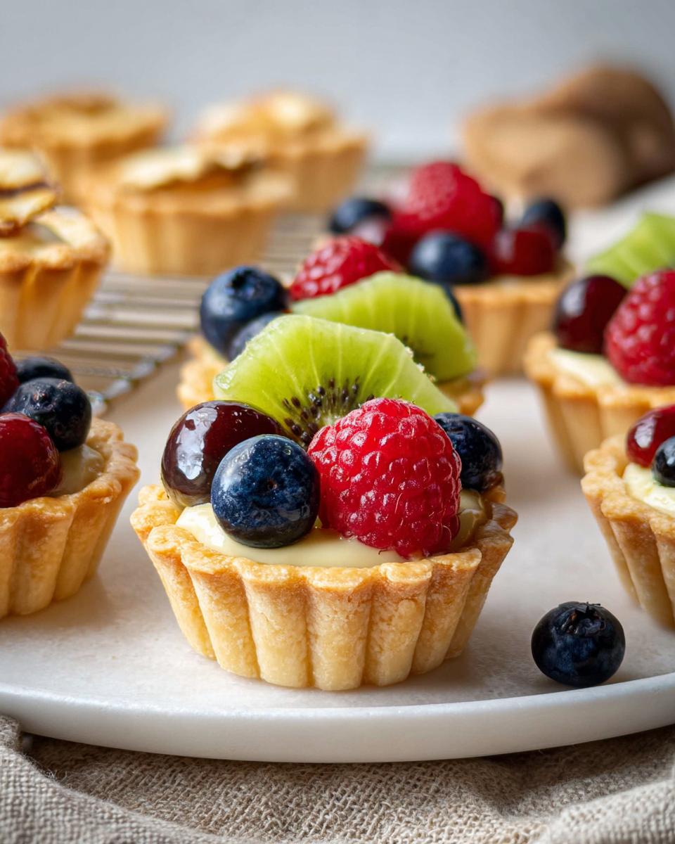 Close-up of a Mary Berry inspired mini fruit tart filled with custard and topped with fresh raspberries, blueberries, and kiwi.