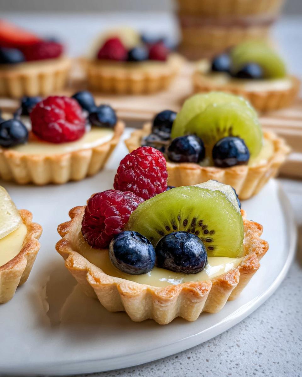 Close-up of delicious Mary Berry Inspired Mini Fruit Tarts topped with fresh raspberries, blueberries, and kiwi slices.