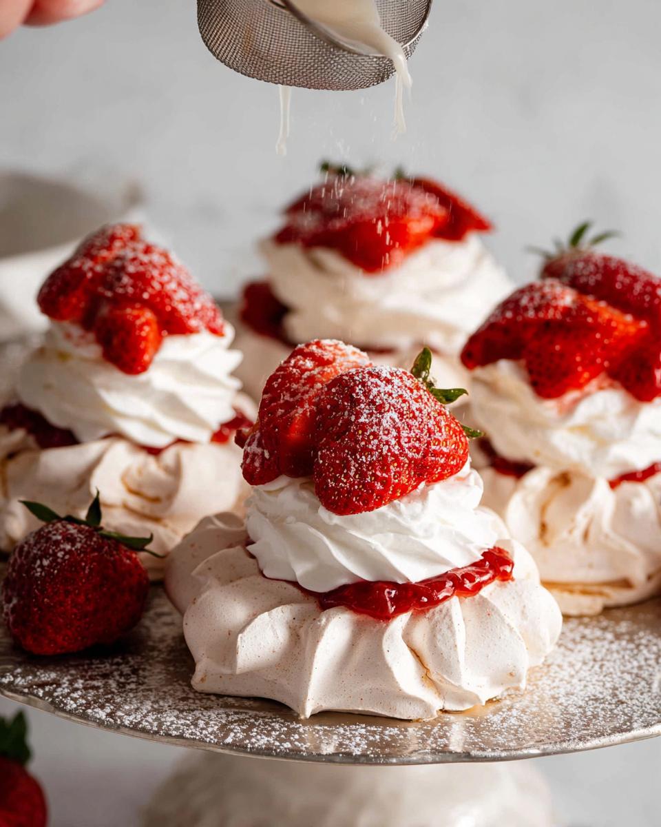 Close-up of Mary Berry Mini Strawberry Pavlova Nests topped with whipped cream, strawberry sauce, and fresh strawberries, dusted with icing sugar.