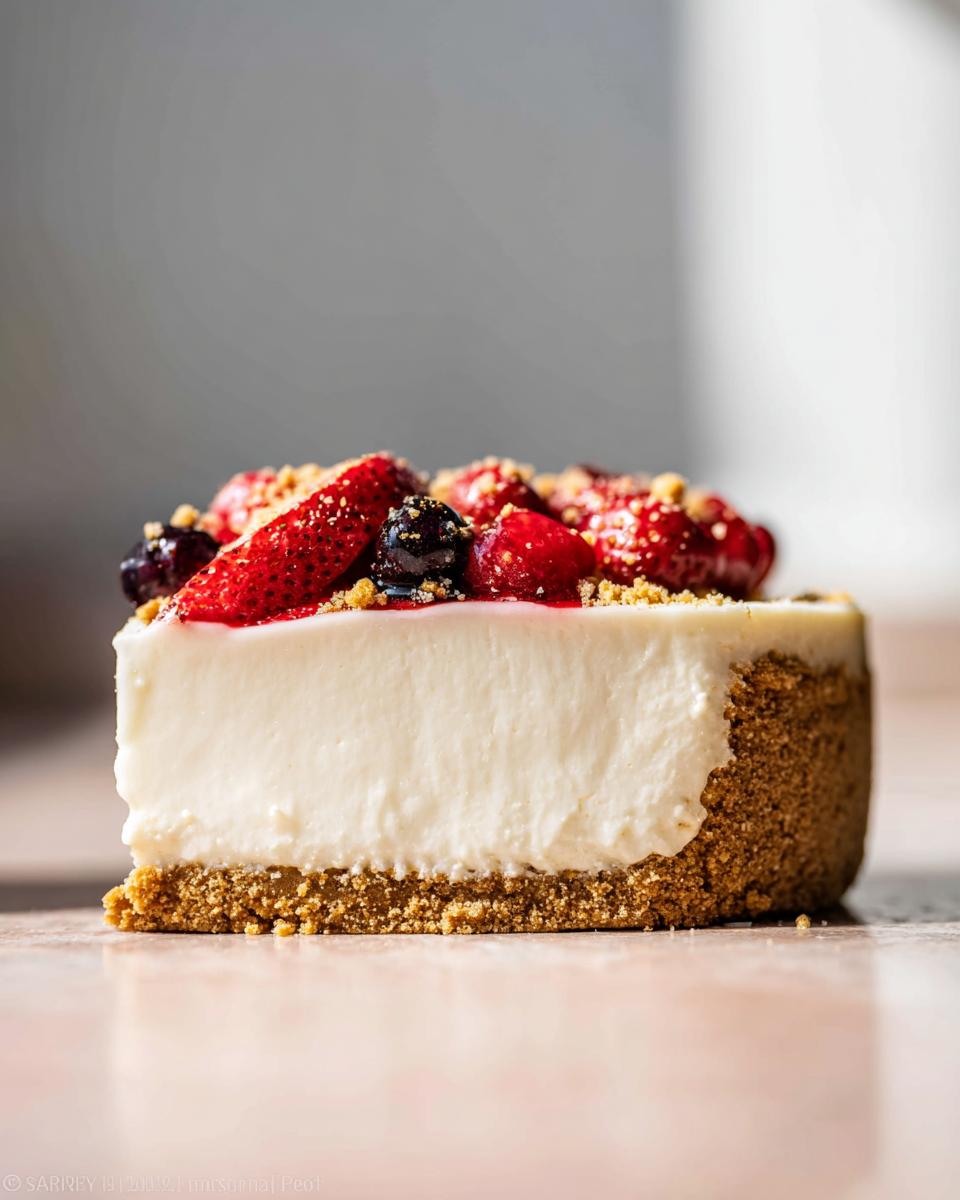 A delicious slice of Mary Berry Inspired No-Bake Cheesecake topped with fresh berries and crumble.