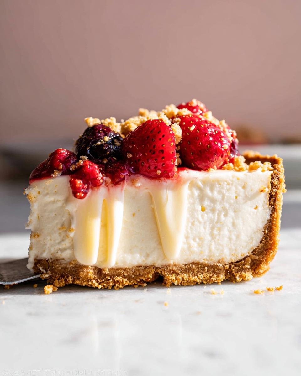 A tempting slice of Mary Berry inspired no-bake cheesecake, topped with fresh berries and a drizzle of sauce.