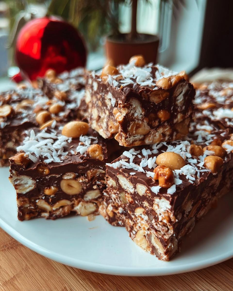 Close-up of Mary Berry Inspired Peanut Butter Rocky Road Bars topped with desiccated coconut and whole peanuts.