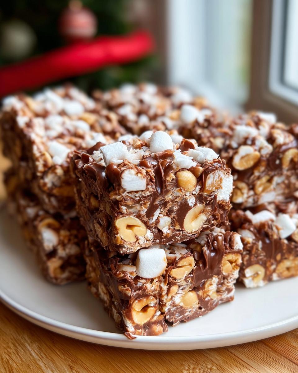 Close-up of stacked Mary Berry Inspired Peanut Butter Rocky Road Bars, showing marshmallows, nuts, and chocolate.