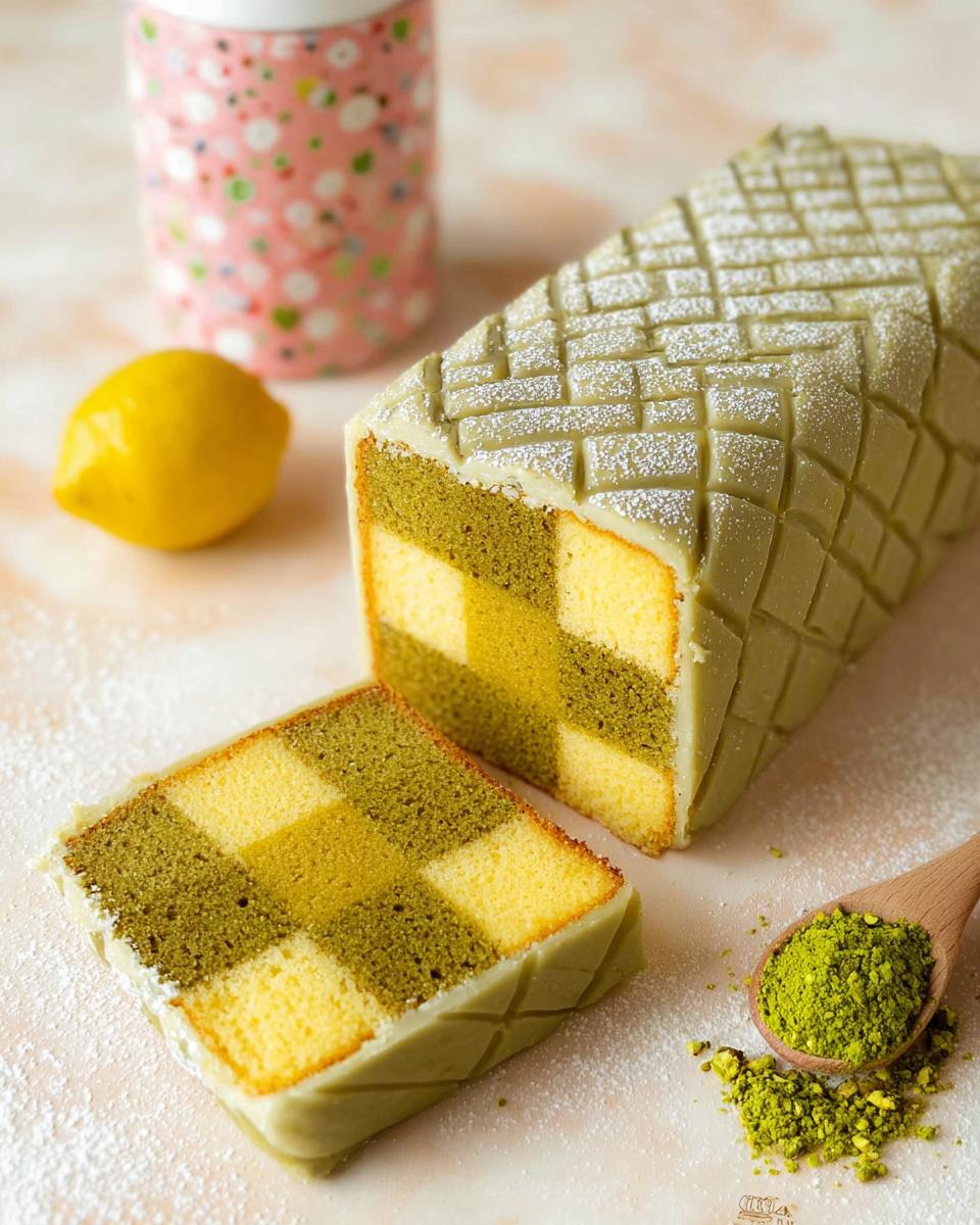 A slice of Mary Berry Inspired Pistachio Lemon Battenberg Cake showing the distinctive checkerboard pattern of green and yellow sponge.