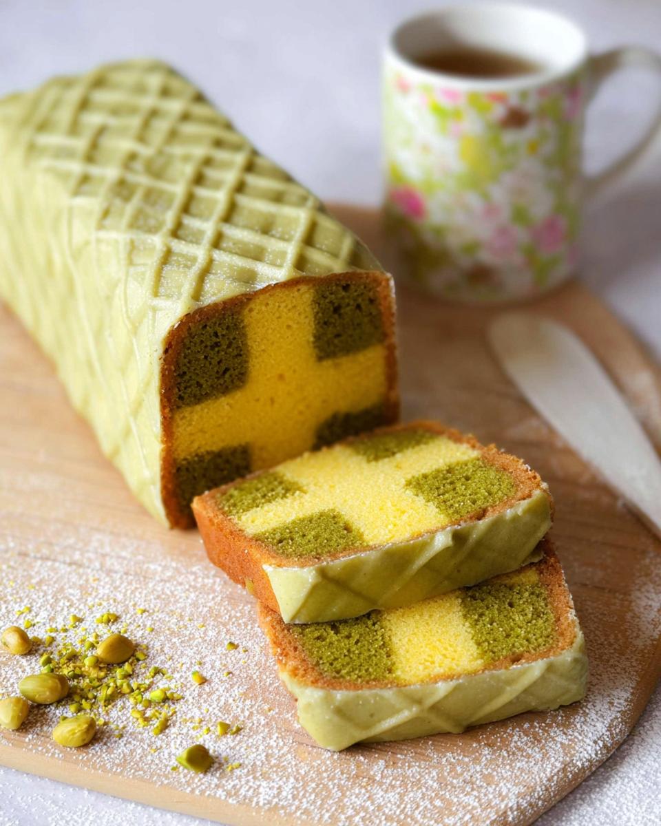 Close-up of sliced Mary Berry Inspired Pistachio Lemon Battenberg Cake, showing the checkerboard pattern of green and yellow sponge, topped with pale green icing.