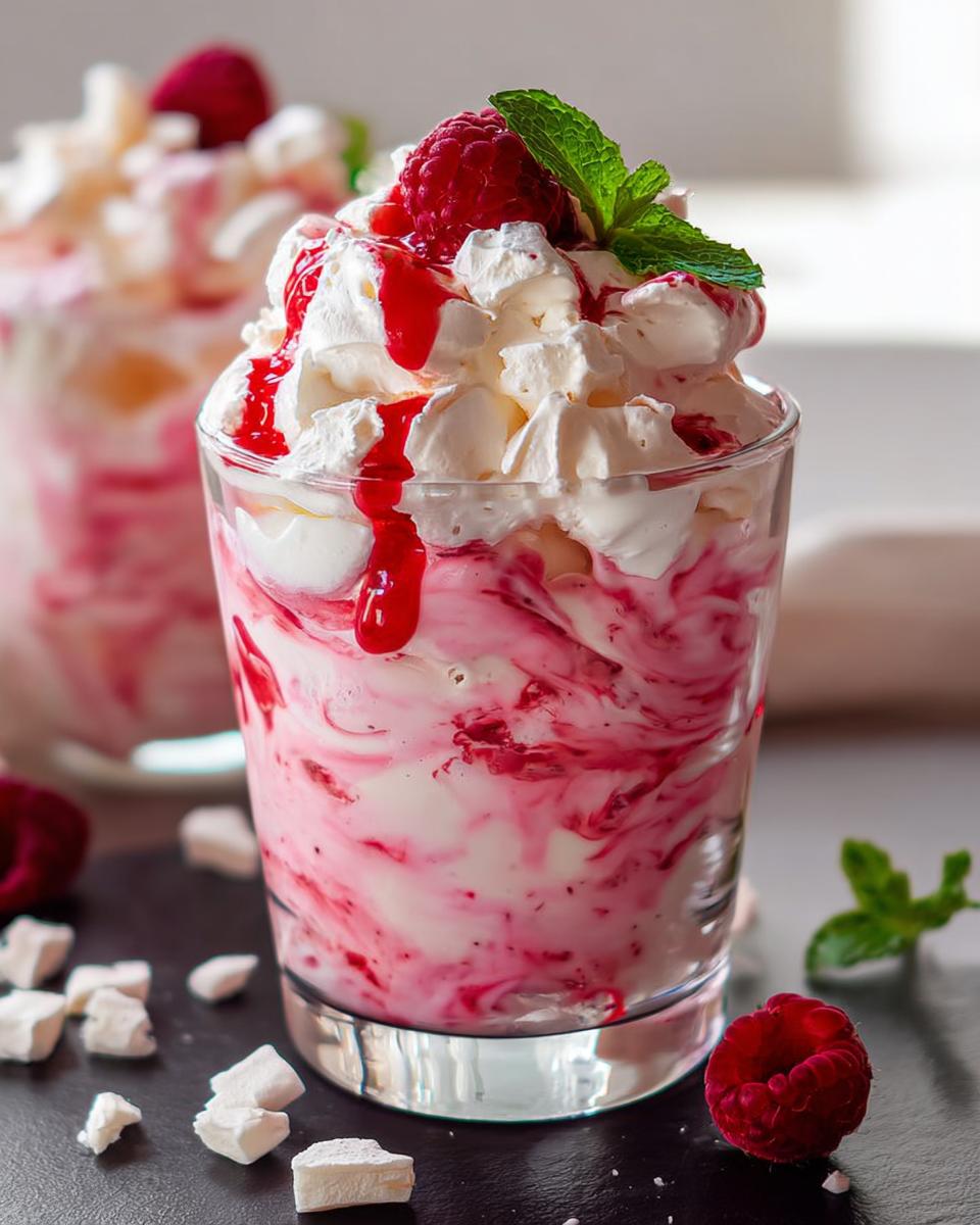Close-up of a delicious Mary Berry Inspired Raspberry Eton Mess in a glass, topped with whipped cream, raspberry sauce, and mint.